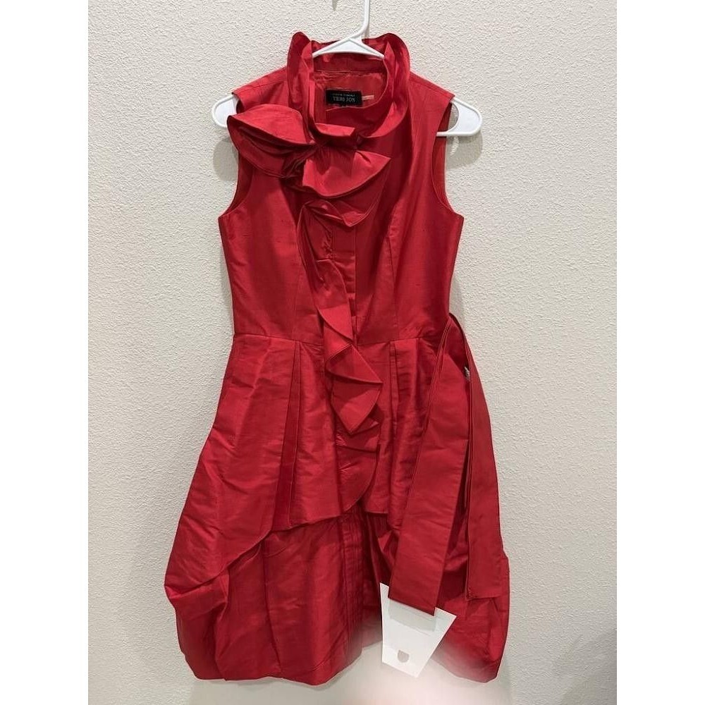 Teri Jon Rickie Freeman Red Silk Ruffle Bubble Dress 4